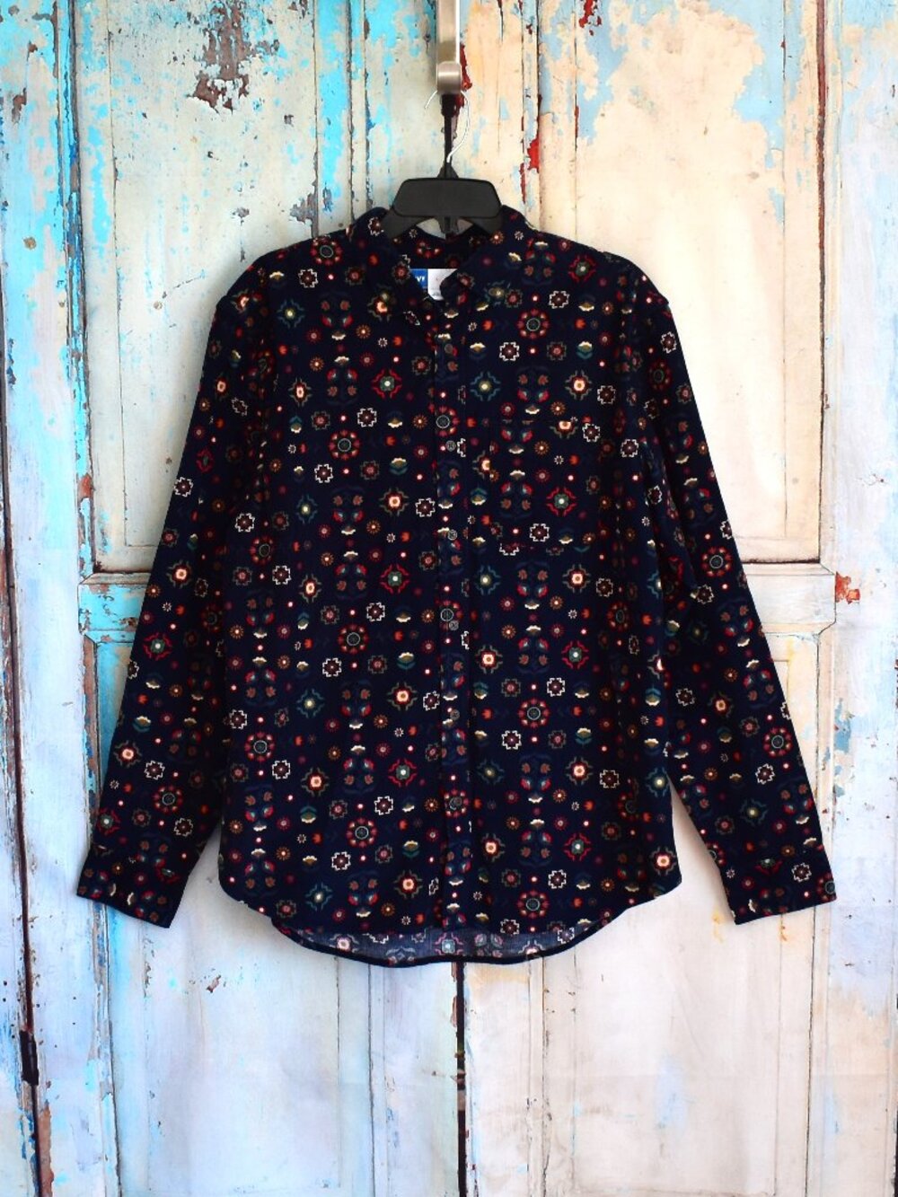 Men's Old Navy Corduroy Everyday Shirt Floral Medallion Button Down LARGE Blue